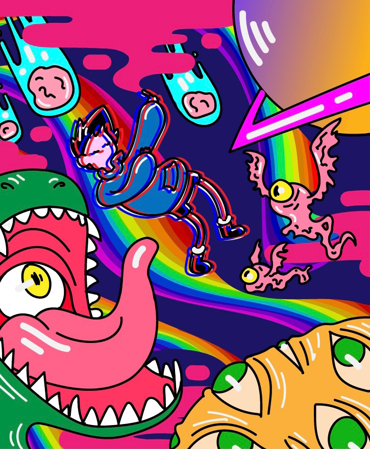 Falling figure in blue tumbles through rainbow streaks past a giant green toothy monster with pink tongue, pink winged creatures and floating blob faces.