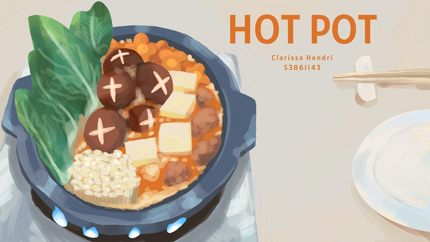 Illustrated blue clay hot pot of shiitake mushrooms, tofu, enoki and bok choy over a gas flame, with orange 'HOT POT' title and chopsticks on a beige table.