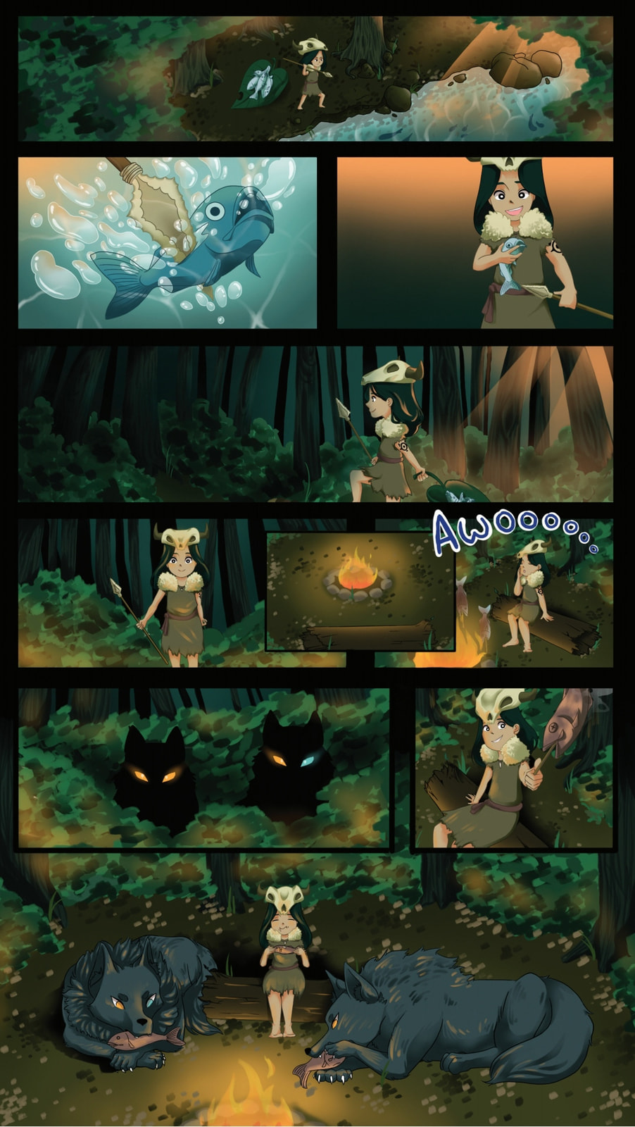 Comic page: a girl in a horned skull headdress spears a fish, walks a dark forest, builds a fire, and shares her catch with two large wolves.