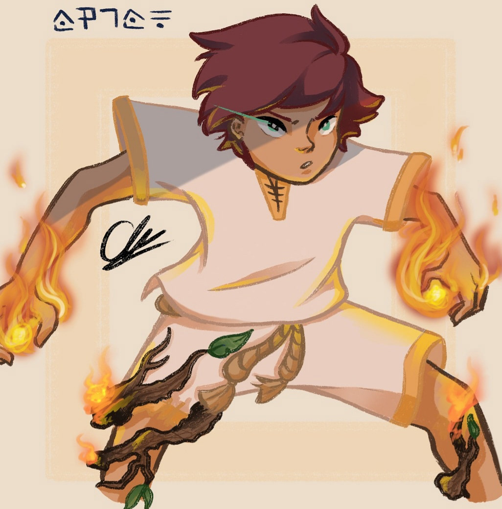 Green-eyed character with dark red hair in a pale tunic, crouching with fire around their hands and wooden branch-like legs, cream background.'