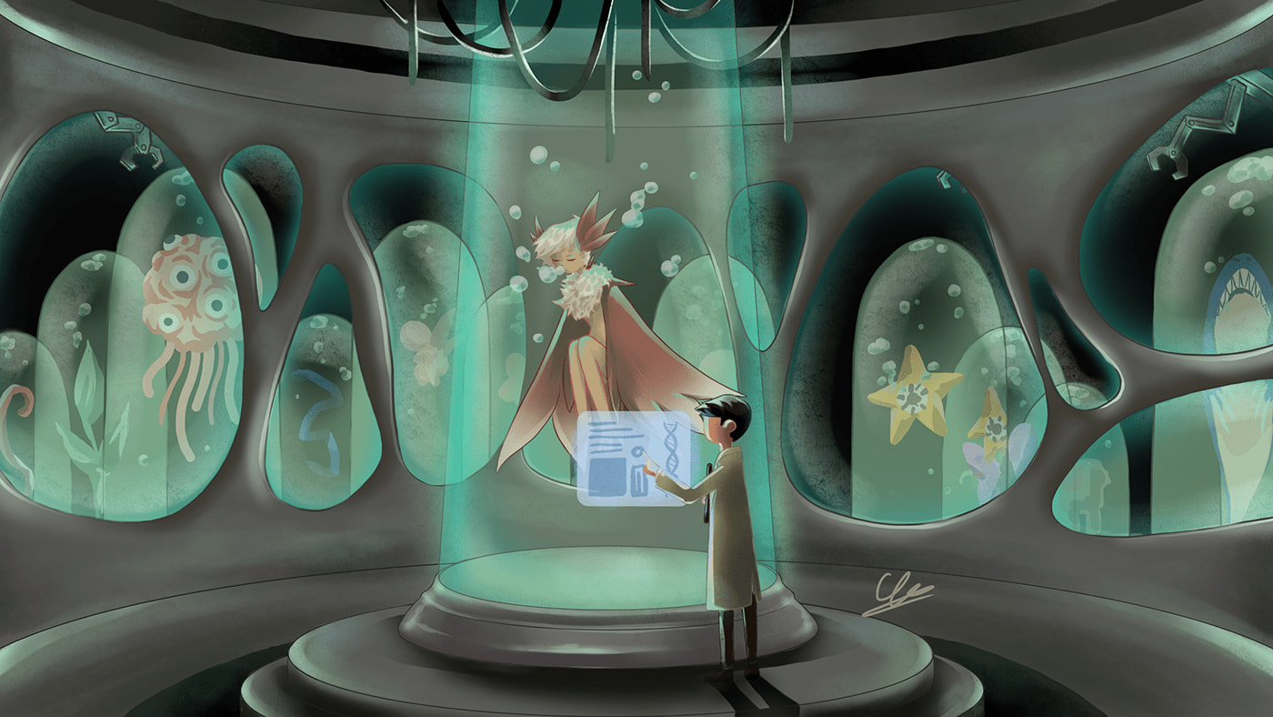 Teal-lit lab: a scientist in a coat reads a hologram before a winged pale creature floating in a tank, wall pods hold odd specimens.