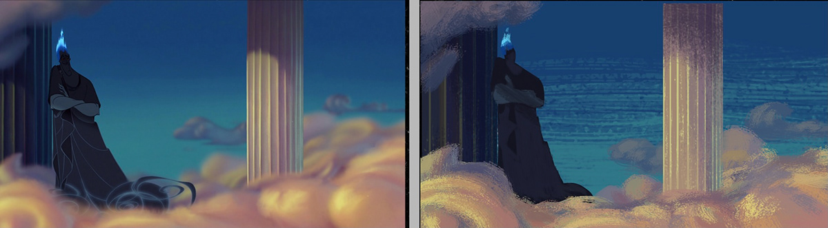 Side-by-side painted versions of a blue-flame-haired robed figure leaning on a stone column above golden clouds against a deep blue sky.